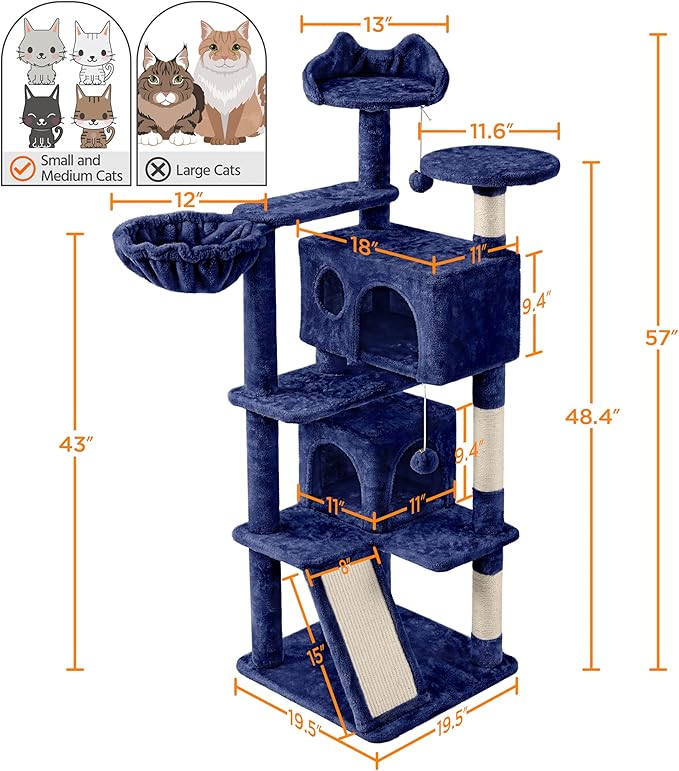 Yaheetech 57 inches Cat Tree for Indoor Cats, Multi-Level Cat Tower w/ 3 Perches, 2 Cat Condos, 2 Hanging Balls and Scratching Posts, Navy Blue