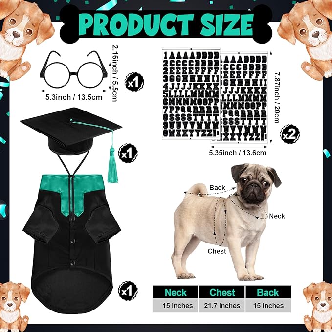 5 Pcs Dog Graduation Costume Set Include 2026 Pet Graduation Gown with Stole Puppy Grad Cap Lensless Glasses DIY Letter Stickers for Dogs Cats Holiday Costume Accessory(Black Green,M)