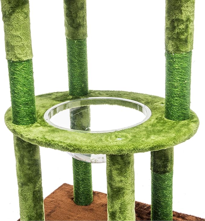 Cat Tree, 72in Indoor Cactus Cat Tree with Transparent Capsule, Sisal Scratching Posts, Plush Perches and Interactive Toys for Kittens and Large Cats, Green