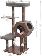 PetPals 5-Level 46.4” Mid-Century Modern Cat Tree with Hexagon Condo, Replaceable Recycled Paper Rope Scratchers, Washable Bed&Toys, Quick Assembly, Ideal for Medium Cats,Dark Brown