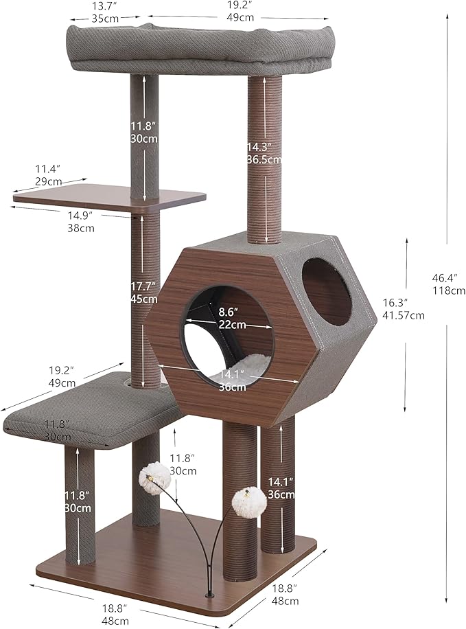 PetPals 5-Level 46.4” Mid-Century Modern Cat Tree with Hexagon Condo, Replaceable Recycled Paper Rope Scratchers, Washable Bed&Toys, Quick Assembly, Ideal for Medium Cats,Dark Brown