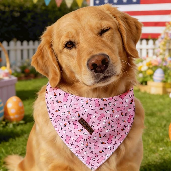 Elegant little tail Easter Dog Bandana, Bunny with Flower 1PC Washable Dog Scarf Female or Male Square Bib Kerchief Scarf Adjustable Pet Bandana for Medium Large Dogs