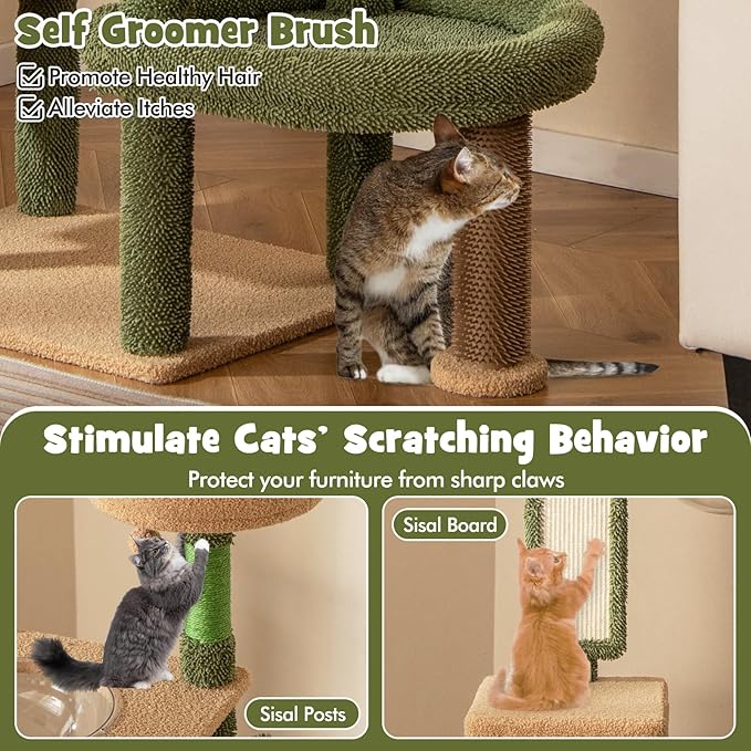 PETSITE 59 inch Cactus Cat Tree Tower, Multi-Level Cat Tower with Sisal Scratching Posts, Board and Rope, Cat Condo, Capsule Bed, Hanging Ball and Self Groomer, Cute Cat Tree for Indoor Cats