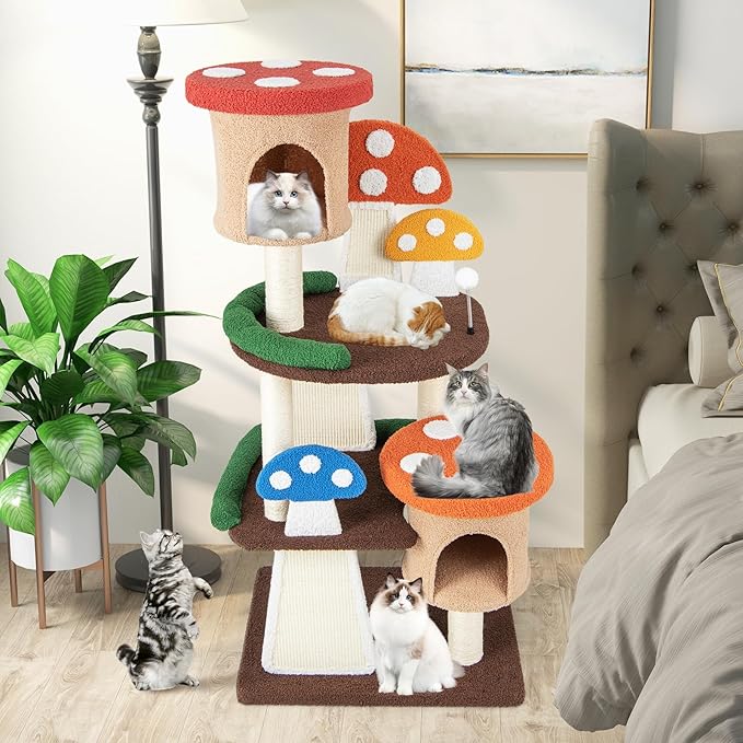 Mushroom Cat Tree, Multi-Layer Cat Tower with 2 Condos & Platforms, Cat Activity Center with Full-Wrapped Sisal Posts, Sisal Scratching Boards & Interactive Balls for Indoors (57.5")