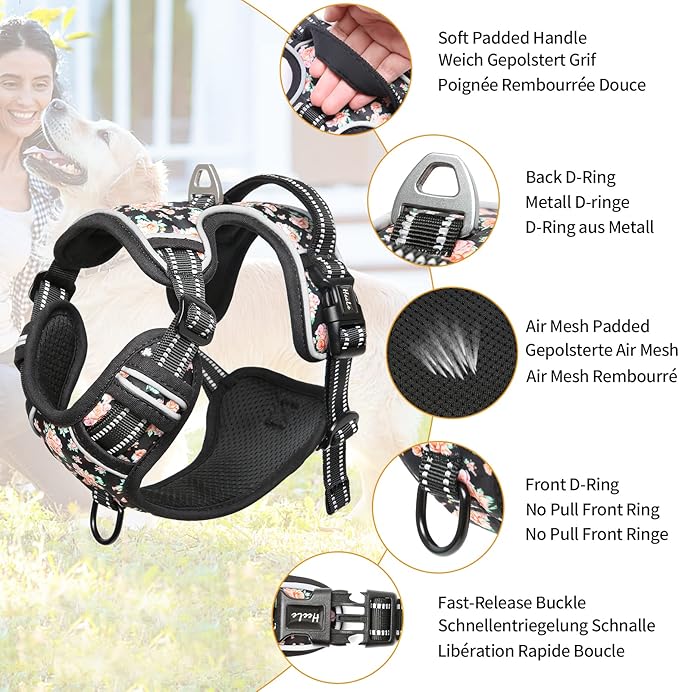 HEELE Dog Harness, No Pull Adjustable Padded Reflective Harness for Small Medium Large Dogs with Handle for Walking Training, Flower-Black, L
