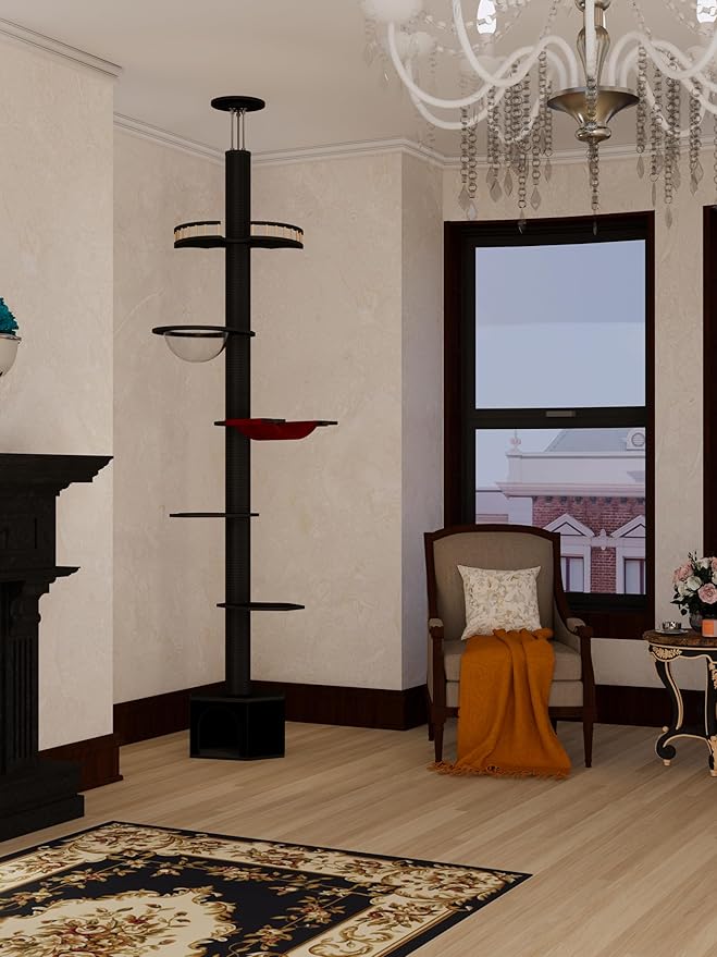 Cat Trees Floor to Ceiling Cat Towers Height:86-118 InchesAdjustable, Tall Cat Tree Activity Tree with Soft Rope Scratching Post,Clear Dome Cat Condo, Cozy Hammock (Black)