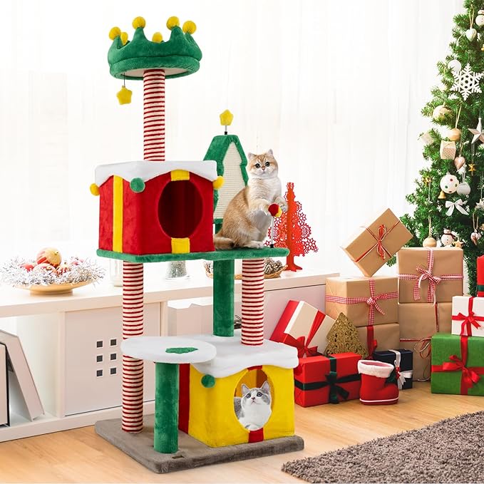Tangkula 61 Inch Christmas Cat Tree, Multi-Level Tall Cat Tower with Sisal Scratching Posts & Board, 2 Gift Box-Shaped Cat Condos, Plush Padded Top Perch, Spring & Dangling Balls for Indoor Kittens
