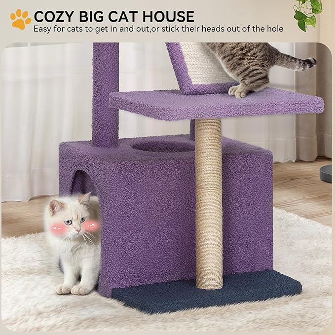 YITAHOME Flower Cat Tree Tower with Detachable Perch, 47.2in Cute Cat Climbing Tower for Indoor Cats with Cat Condo, Sisal Scratching Posts and Board, Purple and White