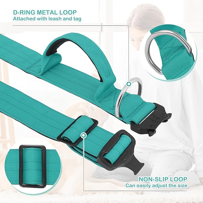 MoNiBloom Tactical Dog Collar with Handle, 1.5 Inch Wide Heavy Duty Military Collar for Medium Large Dog Walking, Training, Running, Teal