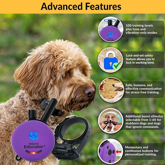 Educator ME-300 E-Collar Humane Dog Training Collar with Remote–100 Safe Tap Stimulation Levels, Night Light, Waterproof & Rechargeable, 1/3 Mile Range, W/Premium Finger Clicker, Sm/Med Dog, Purple