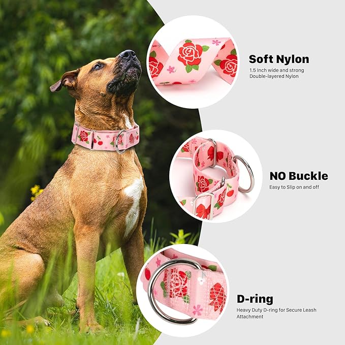 Rose Martingale Collar for Dogs, Heavy Duty Adjustable Soft Nylon Dog Collars with for Medium & Large XL Dogs (Rose,L)
