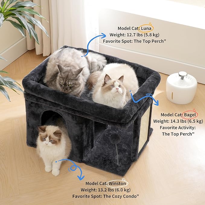 Heybly Cat Tree, 14 inch Cat Tower with Large Perch Bed and Cat Condo for Indoor Cats Large Adult, Cat House with Scratching Posts and Interactive Spring Balls for Your Kittens, Smoky Gray HCT203SG
