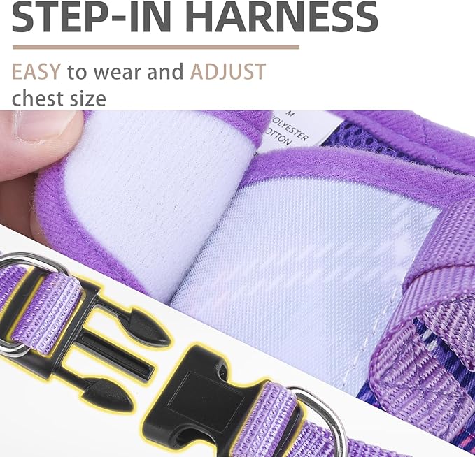 PUPTECK Dog Harness and Leash Set for Small Medium Dogs No Pull Step-in Soft Mesh Puppy Cat Vest Harnesses Reflective at Night, Plaid Pattern Purple M