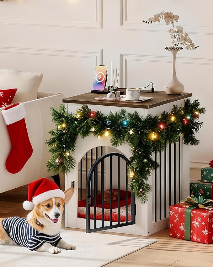 Dog Crate Furniture, Wooden Dog House with Charging Station and Storage Drawer, Indoor Pet Crate End Table for Small Breeds, Dog Kennel for Living Room, Bedroom, White and Walnut MGW01UWL