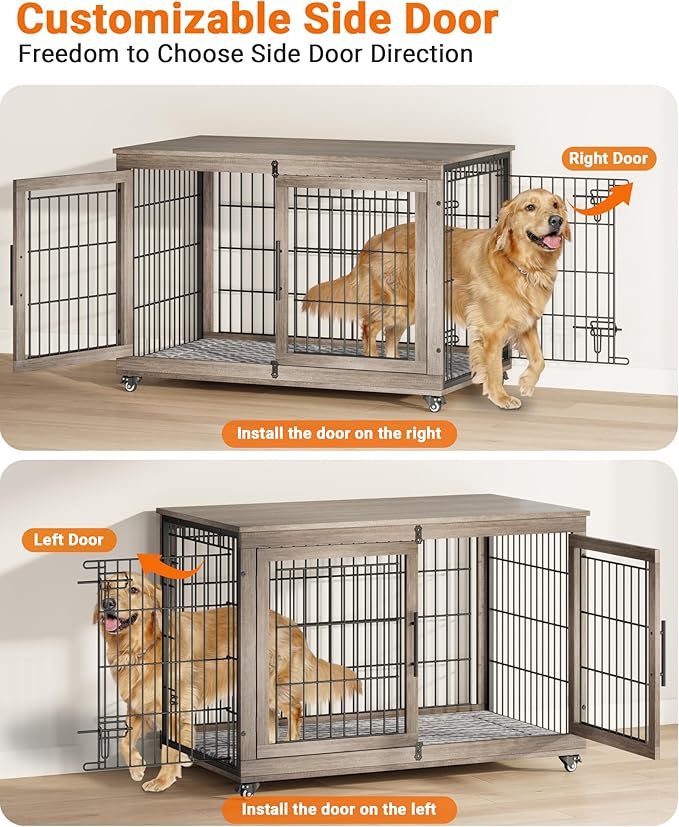 Dog Crate Furniture with Cushion Set of 2, Wooden Dog Kennel Indoor with Double Doors, Dog Cage with Wheels, Dog House Side End Table for Large Dogs up to 85 lb, 44" L, Grey
