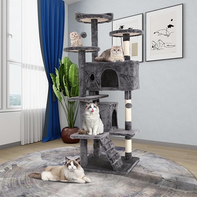 54" Multi-Level Cat Tree Tower with Scratching Posts, Toys & Condo - Space-Saving Design for Indoor Kittens, Compact Floor Footprint & Vertical Space for Multi-Cat Homes-Ashy