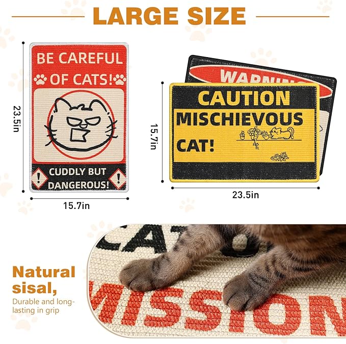Sisal Cat Scratcher Post Mat (Use on Wall, Couch and Carpet), Durable and Shedding-Resistant Cat Scratching Surface - 21.7x13 inch with Hoop and Loop Adhesives, Twist Pins（red）