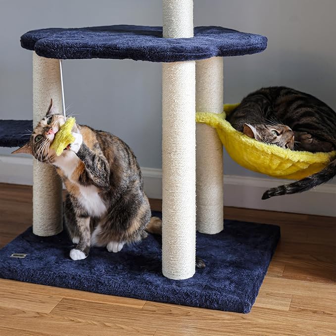 CTR1003A Aurora 49" 3-Tier Modern Sisal Moon and Stars Cat Tree with Scratching Posts, Basket, and Fuzzy Bell Toys, Navy/Yellow/White