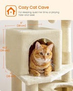 Feandrea Cat Tree, 59.5-Inch Tall Cat Tower, Plush Multi-Level Condo with 5 Scratching Posts, 2 Perches, 2 Caves, Hammock, 2 Pompoms, Beige UPCT192M01