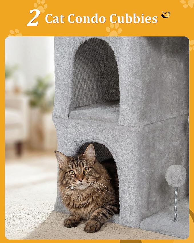 24in Cat Tree Tower with Scratching Post, 19 * 16.5in Window Perch Bed for Large Adult Cats, 2 Small Condo Cubbies for Indoor Kittens, Light Gray