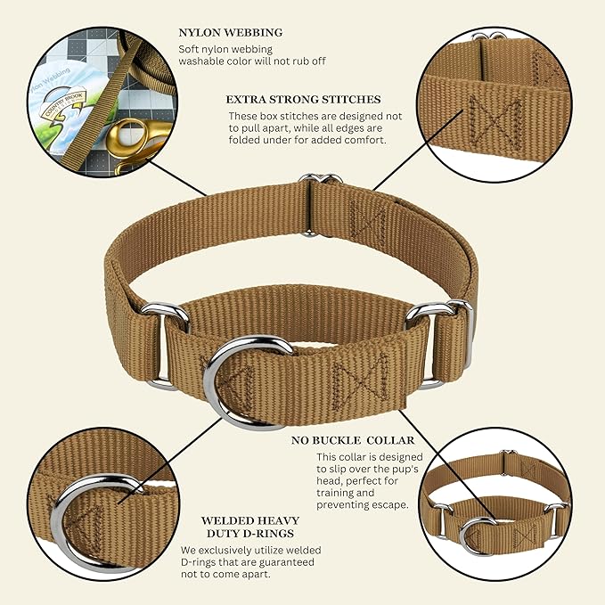 Country Brook Petz - Martingale Dog Collar - Heavy-Duty Training Collar with No Buckle - Service Dog Collar for All Pups - 10+ Warm Colors (Coyote Tan, 3/4 Inch, Small)