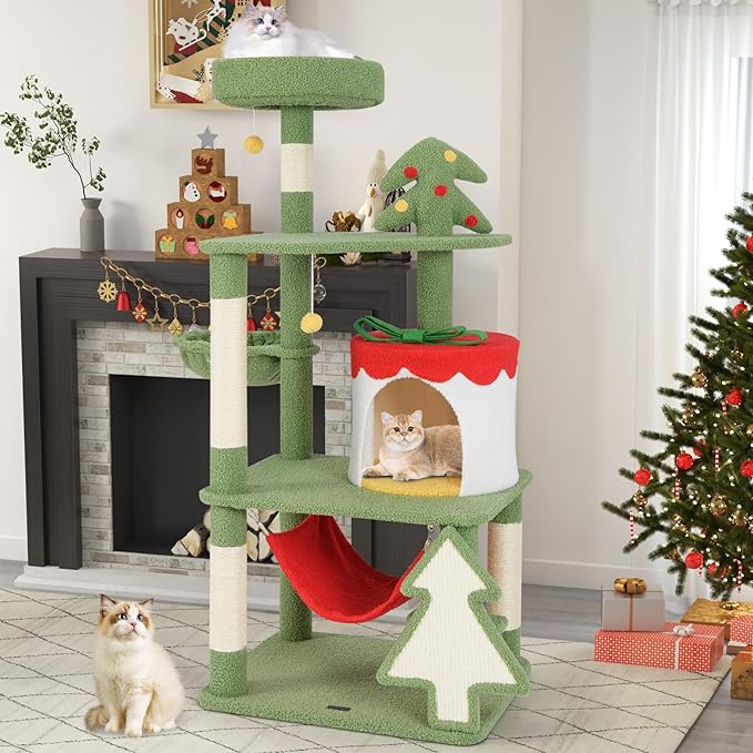 PETSITE 52 inch Cat Christmas Tree, Multi-Level Cat Tower with Sisal Scratching Posts & Board, Cat Condo, Basket Bed, and Detachable Hammock, Cute Cat Tree for Indoor Cats