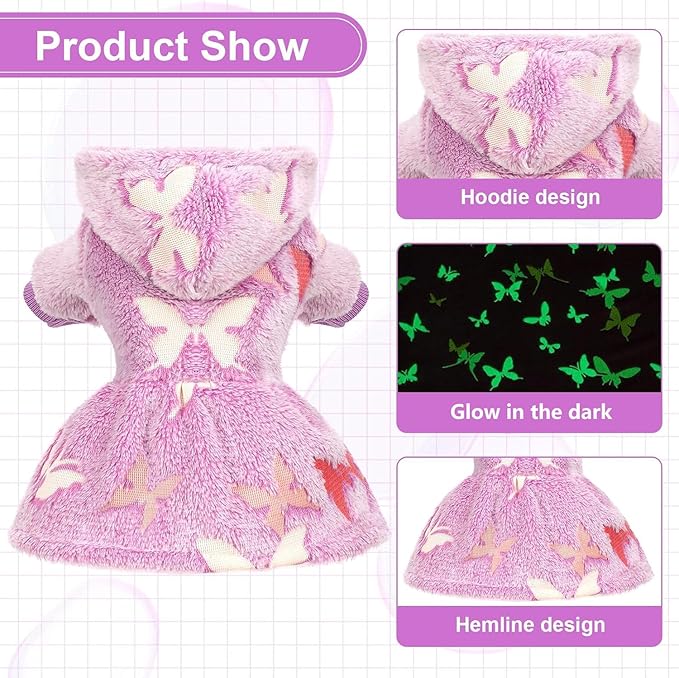 Dog Sweaters for Small Dogs Girl Night Glow Dog Hoodie Warm Fleece Doggie Sweatshirt Cute Puppy Dress Winter Pet Sweaters Doggy Clothes Outfit Apparel for Chihuahua Yorkie, Purple Butterfly,XS