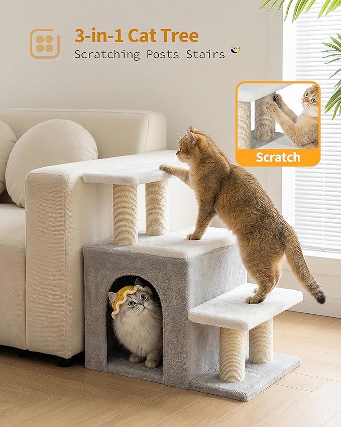 3-in-1 Cat Stairs for High Bed Couch, Multifunctional, Dog Steps for Small Doggie Pet Rabbits,19'' Tall, Beige, Medium