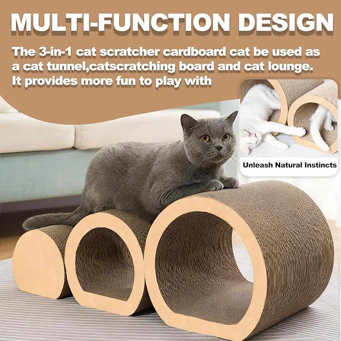3-in-1 Reversible Cat Scratching Mat - Cardboard Scratcher Board with Cat Tunnel Bed, Kitten Scratch Pad for Indoor Cats Play, Rest, Scratch