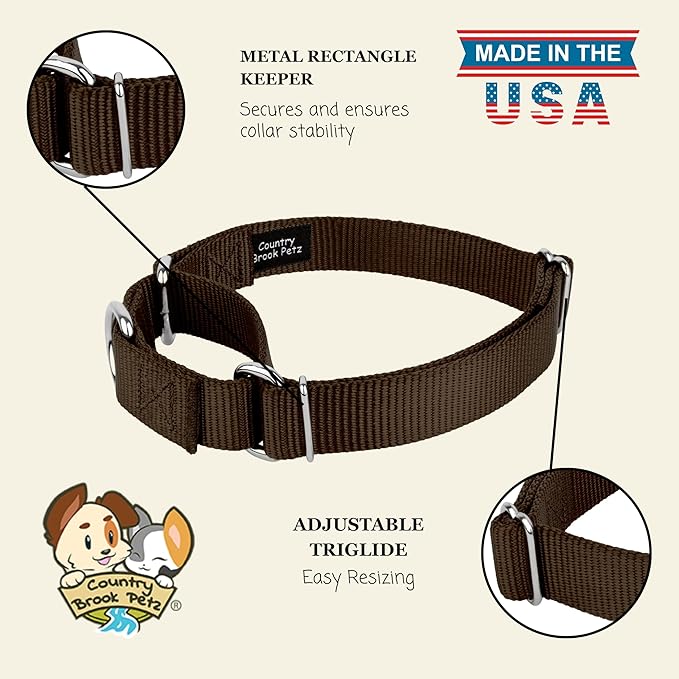 Country Brook Petz - Martingale Dog Collar - Heavy-Duty Training Collar with No Buckle - Service Dog Collar for All Pups - 10+ Warm Colors (Brown, 1 Inch, Extra Large)