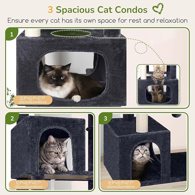 Globlazer Cat Tree for Indoor Cats, 80in Heavy Duty Cat Tower with 6 Full Wrapped Sisal Scratching Posts, 3 Spacious Multi-Level Cat Condos, Oversized Fan-Shaped Perch, S80, Dark Grey