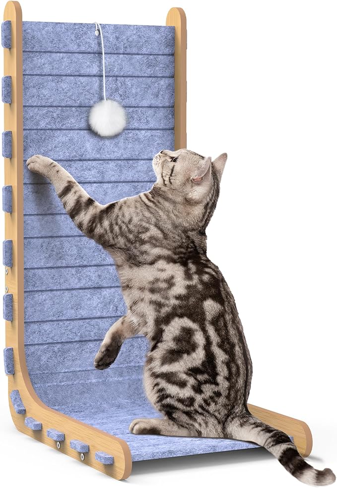 Felt Cat Scratcher for Indoor Cats, 26.8 Inches L Shape Scratching Board Vertical Cat Scratch Post with Fluffy Ball Hanging, Scratch Resistant Felt Cat Scratching Pad, Blue