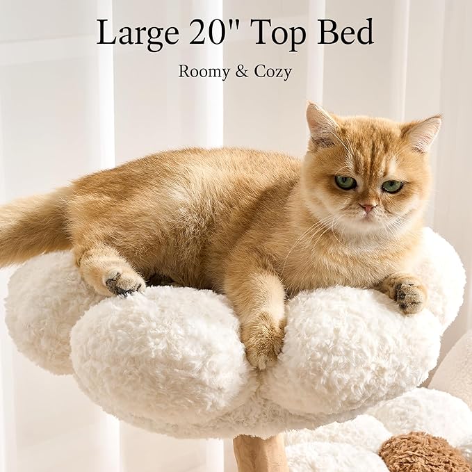 797Audio Natural Wood Flower Cat Tree, Modern Cat Tower with Real Solid Wood Branch, Luxury Aesthetic Cat Tree with Scratching Post, Scratch Pad, Cat Tree Tower for Indoor Large Adult Cats,Cloud White