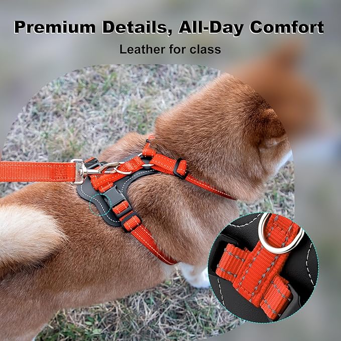 Plutus Pet Adjustable No Pull Dog Harness with Leather Accents, Heavy Duty Reflective Nylon Vest for Training, Hiking, Easy Walk Harness for Small, Medium, Large Dogs (Orange, L)