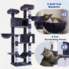 Tall Cat Tree, Large Cat Tower for Adult Cats, 80.7'' (205cm) Heavy-Duty Cat Tree House for Indoor Cats 20 lbs+ with Scratching Posts, 2 Top Perches/Condos, Hammcok, Smoky Gray GCT034G