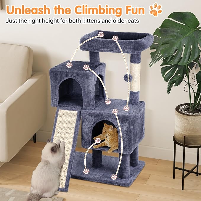 Cat Tree 36-Inch Cat Tower with Scratching Post Multi-Level Cats Condo with Ramp,Large Perch,Dangling Ball,Pet Play Tower for Kittens & Adult Cats(Dark Grey)
