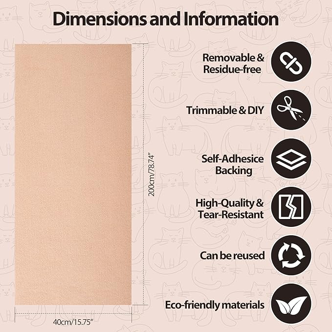 78.7"x15.8" Sticky Scratch Wall Mat, Cat Carpet Scratcher, DIY Pet Climb Covered Pads for Furniture or Wall (Beige)