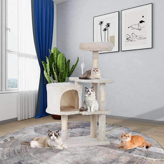 36-Inch Ergonomic Cat Activity Tower with Sisal-Wrapped Columns & Toys - Modular Design Saves Floor Space While Providing 3-Tier Vertical Play Zones for Multiple Indoor Cats（Beige）