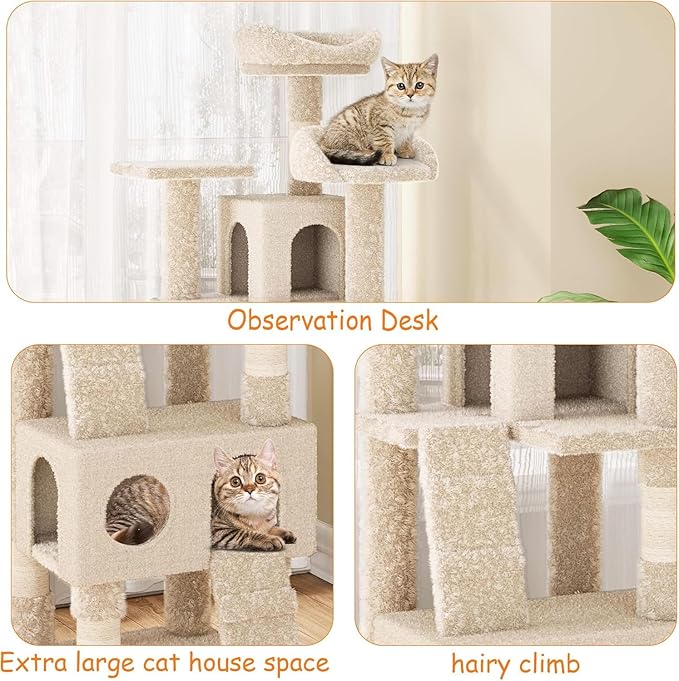 63 Inches Multi-Level Cat Tree Tower with Condo, Plush Perches, Scratching Posts, Hammocks, and Play House, Beige