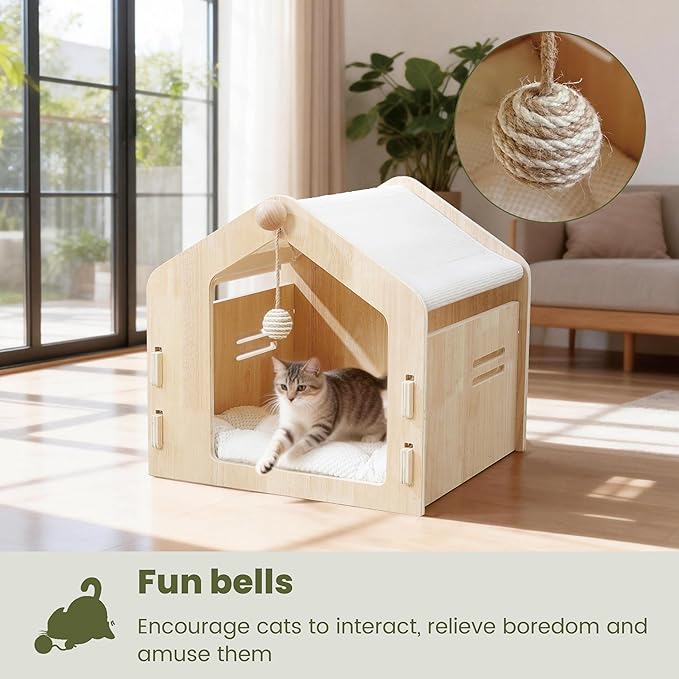 Spacious cat House，Enclosed cat Bed with a Padded Cotton pad and cat Ball，Easy to Assemble and Clean