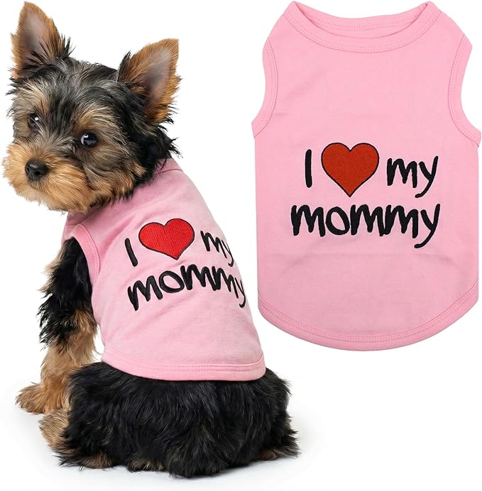 Parisian Pet Dog Shirt - 100% Cotton Shirts for Small Dogs - Pink Sleeveless Girl Pet Clothes - Lightweight Pet T Shirts - Breathable Puppy Clothes - Stretchy I Love My Mommy Dog Apparel