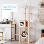 Hey-brother Wooden Cat Tree, 66.1“ Cat Furniture with Scratching Posts, Modern Cat Tower with hammocks, Toys, cat condo, Walnut MPJ120WB