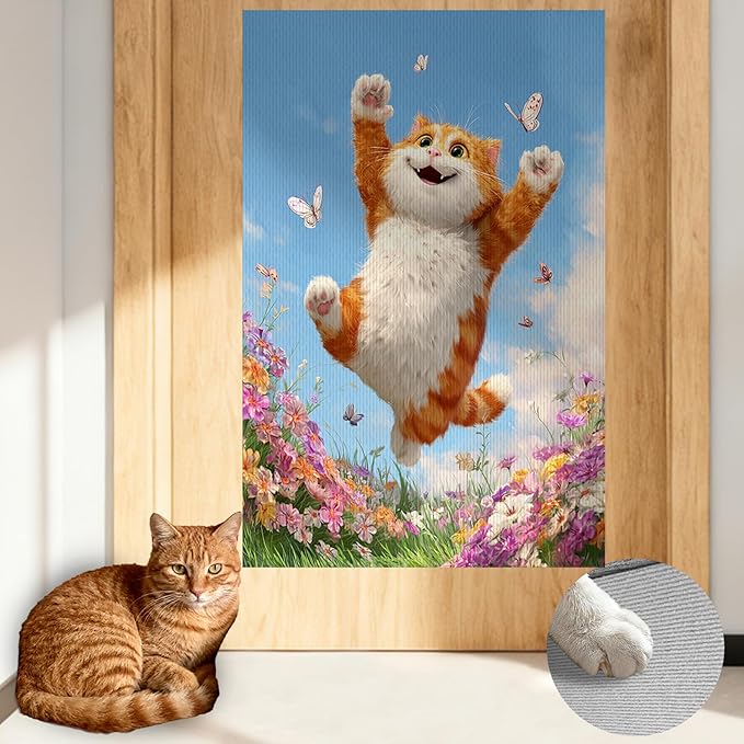 Nuxovilar Cat Scratching Mat 15.3x23.6 Inches Polyester Synthetic Fiber, Jumping Orange Cat & Butterflies Print, wall Scratcher, Scratch pad, Home Decor, Bedroom, Patio (2pcs)