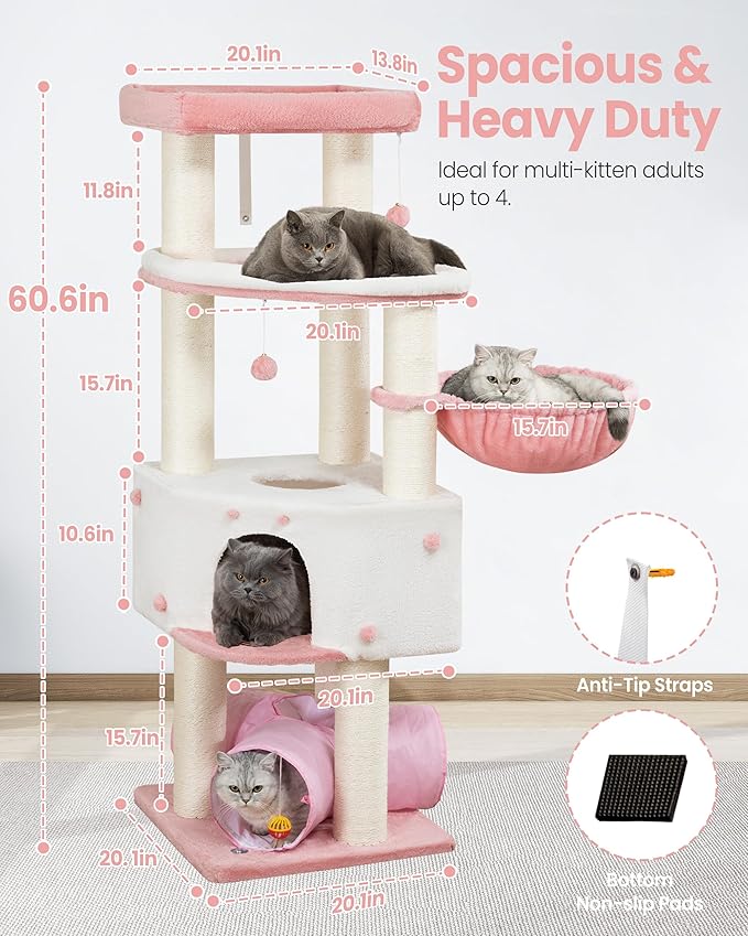 Heavy Duty Cat Tree for Large Cats Adult - 60 Inch XXL Sturdy Cat Tower Condo with Extra Wide Scratching Posts (φ4.4in) Big Cat House Hammock Perch - Indoor Wood Modern Multi Level Corner Cat Bed