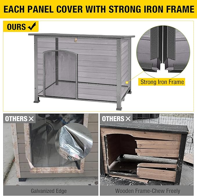 Aivituvin Dog House with Insulated Liner, Heated Outdoor Indoor Weatherproof Dog House for Winter, Suitable for Small & Medium & Large Dogs with Unique All-Around Iron Frame(Grey)