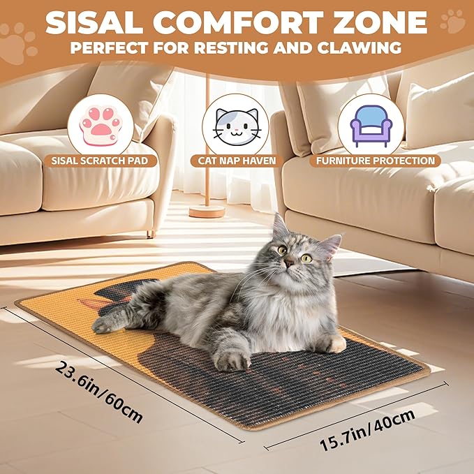 Sisal Cat Scratcher Mat, Cat Wall Scratcher for Indoor Cats, 23.6x15.7 Inch Cat Scratch Pad with Hook & Loop, Wall Mounted Cat Scratching Post to Protect Couch and Carpet（Gentle Cat）