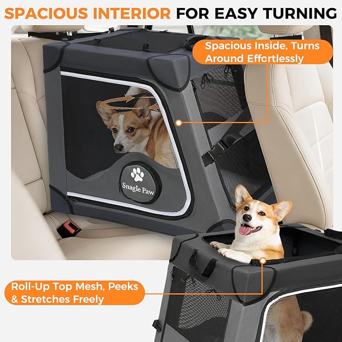 Snagle Paw Portable Dog Crate for Car Travel,Metal Frame Pet Crate,Pet Carrier for Car Back Seat Secures with Headrest Strap and Seatbelt,M Gray