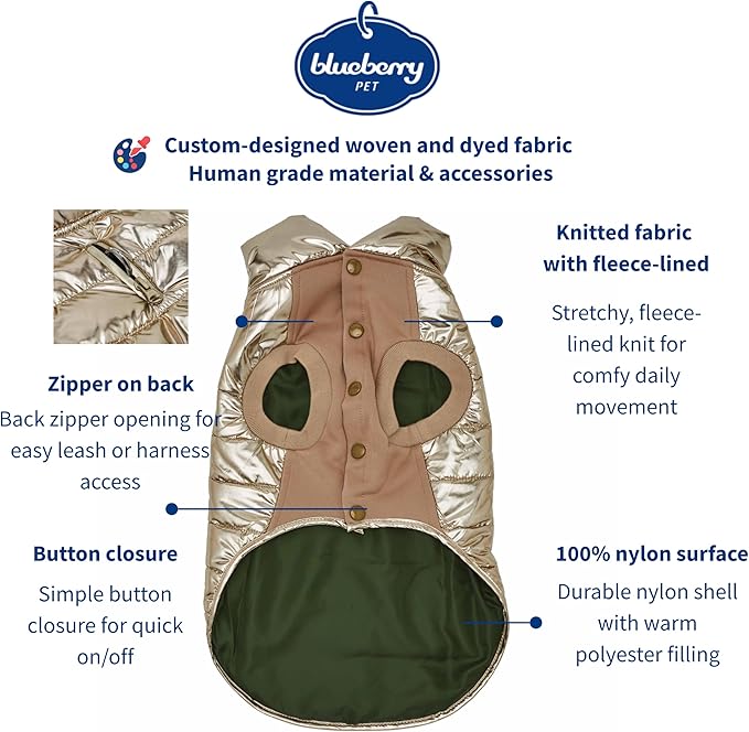 Blueberry Pet Cozy Windproof Puffer Jacket – Glossy Gold Winter Coat for Medium-Sized Dogs, Size 14 (15.75" Back Length), Easy On/Off Design with Leash Hole, Stylish Outdoor Accessories
