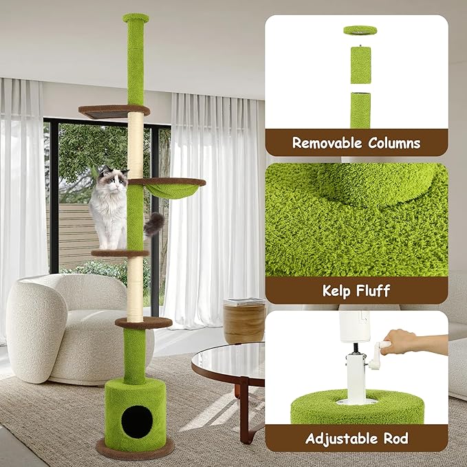 KAMABOKO Floor to Ceiling Cat Tree, Cat Tower 5-Tier Height(88-107 Inches) Adjustable, Tall Cat Climbing Tower with Scratching Post, Cat Cave Condo, Cozy Hammock, and Ball Toy for Indoor Cats