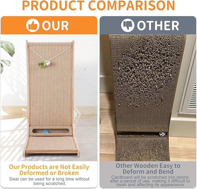 Sisal Cat Scratchers for Indoor Cats, 26.8'' L-Shape Cat Scratching Board, Solid Wooden Cats Scratch Pad with Mouse Toy, Large Cats Scratching Posts to Protect Furniture(Vertical Scratcher)